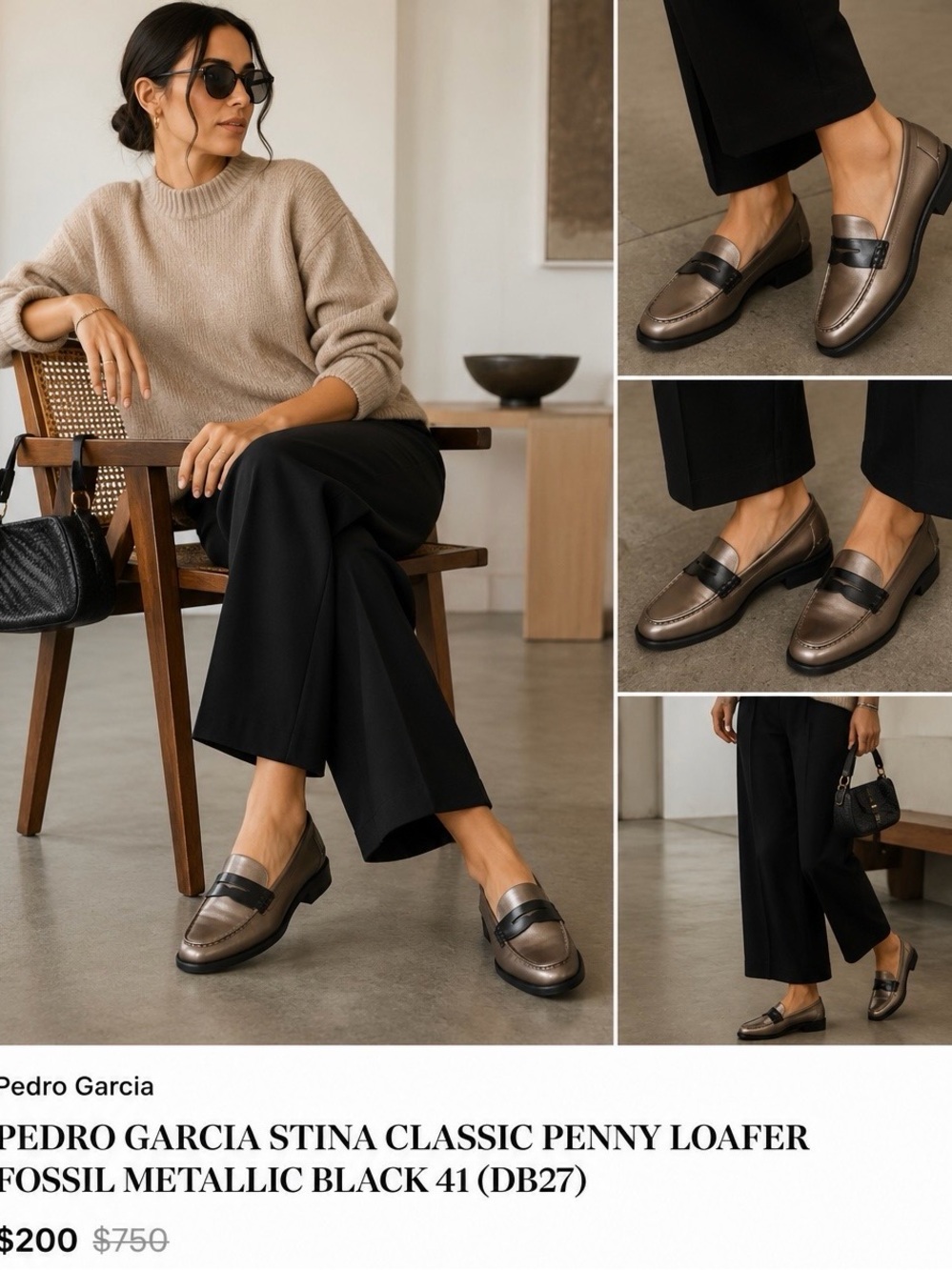 $750 PEDRO GARCIA STINA CLASSIC PENNY LOAFER FOSSIL METALLIC BLACK 41 (DB27)